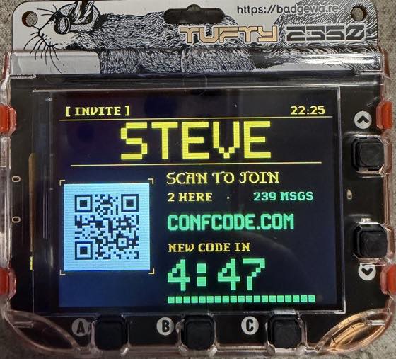 The badge showing its invite screen: the name STEVE, a
       QR code, SCAN TO JOIN, 2 here and 239 messages, and a countdown to the
       next code.
